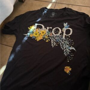 H&M Black Short Sleeve Tee with Yellow Floral & Blue Accents